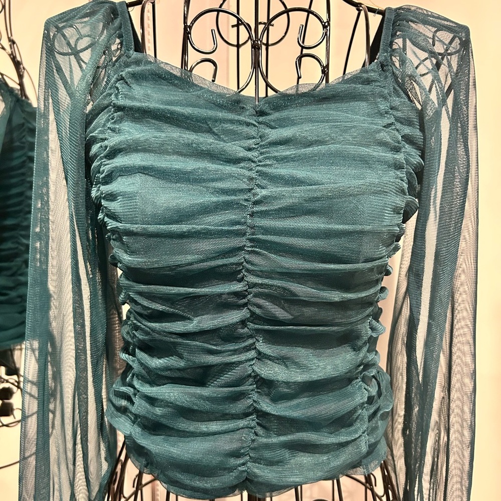 art class Emerald Green Ruched Mesh Long-Sleeve Girls Top